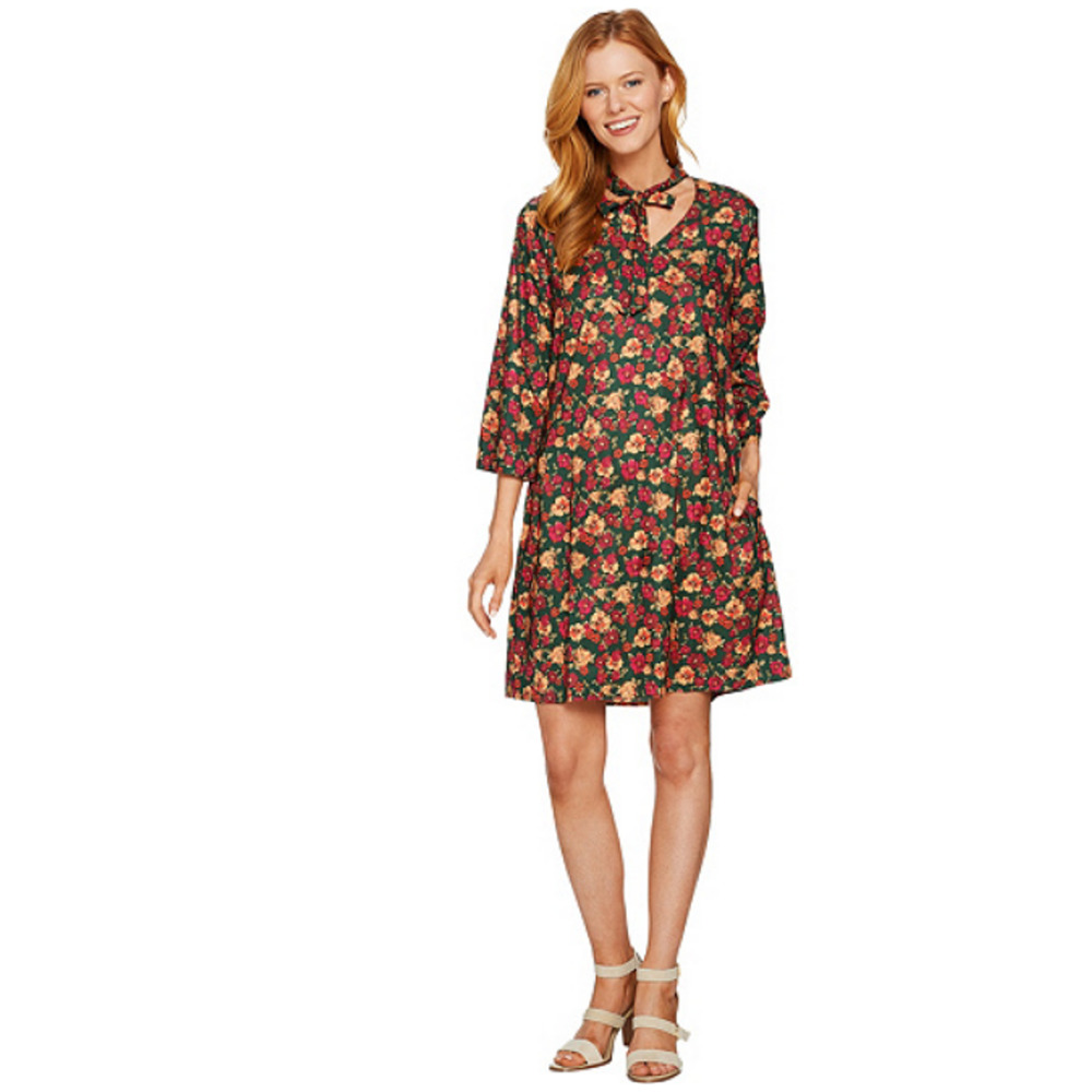 Du Jour 4 Floral Printed 3/4 Sleeve Dress with Neck Tie Detail Dark Pine